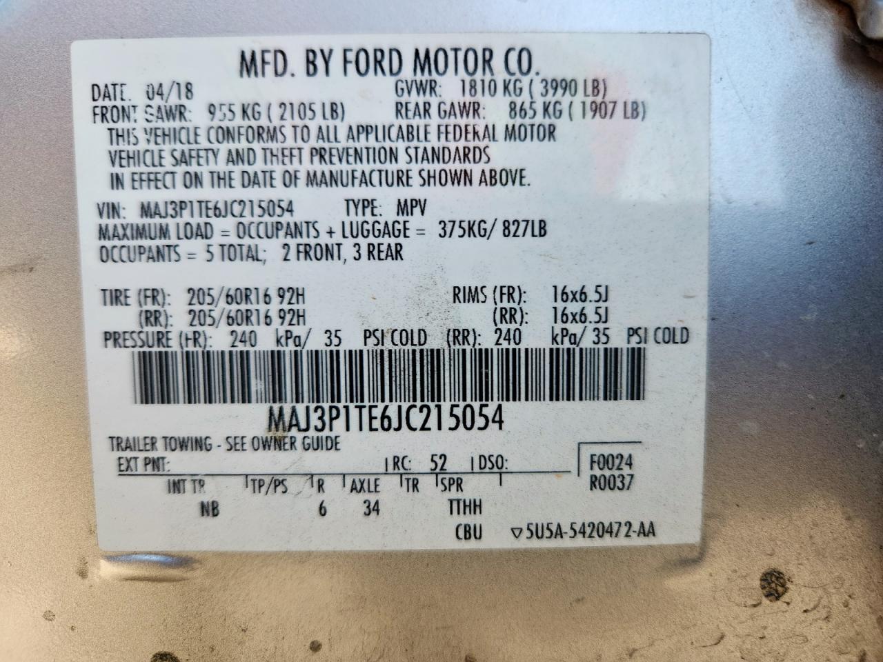 2018 Ford Ecosport Se VIN: MAJ3P1TE6JC215054 Lot: 92624625