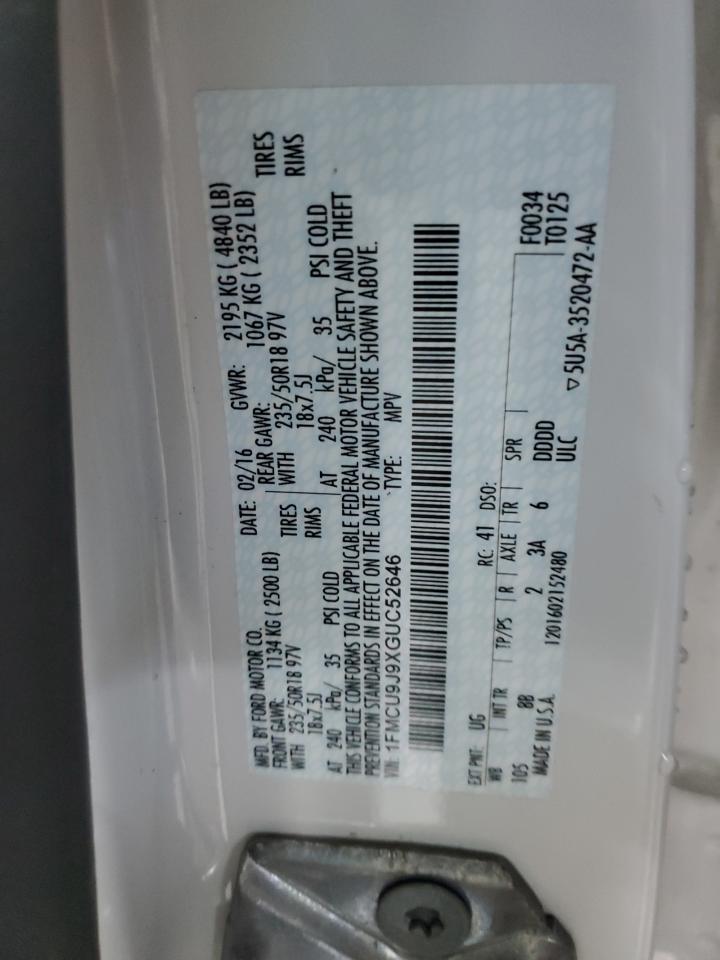 2016 Ford Escape Titanium VIN: 1FMCU9J9XGUC52646 Lot: 92258035