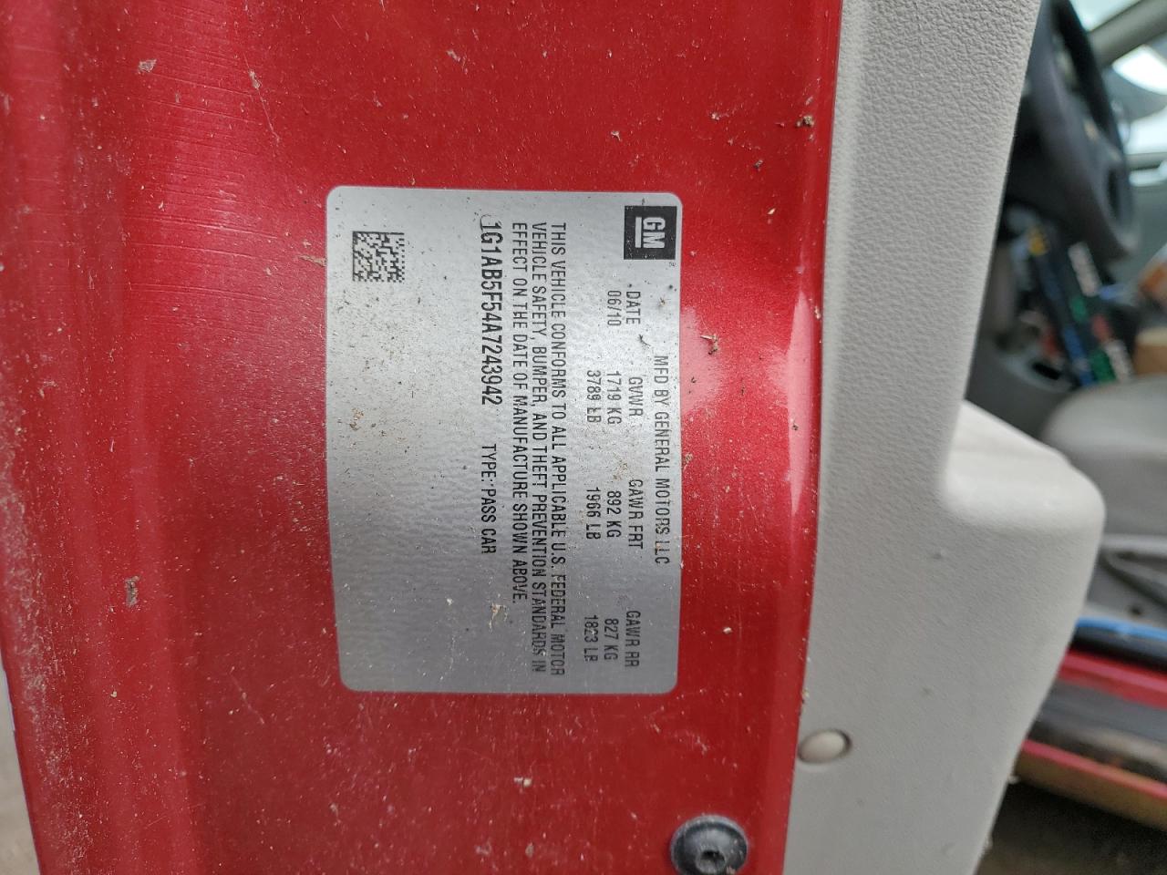 2010 Chevrolet Cobalt Ls VIN: 1G1AB5F54A7243942 Lot: 93477825