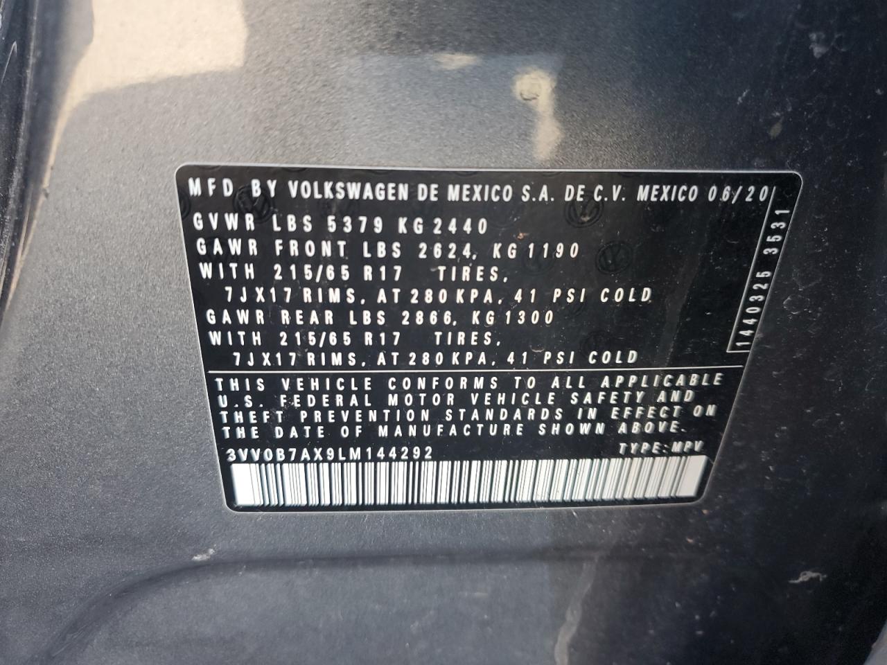 2020 Volkswagen Tiguan S VIN: 3VV0B7AX9LM144292 Lot: 90301325