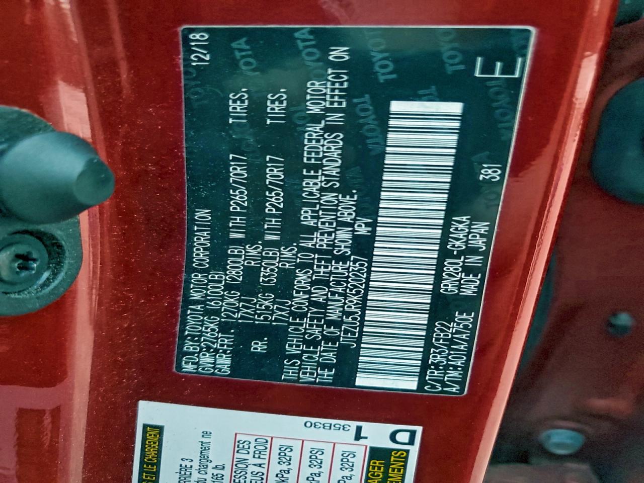 2019 Toyota 4Runner Sr5 VIN: JTEZU5JR9K5202357 Lot: 93807585