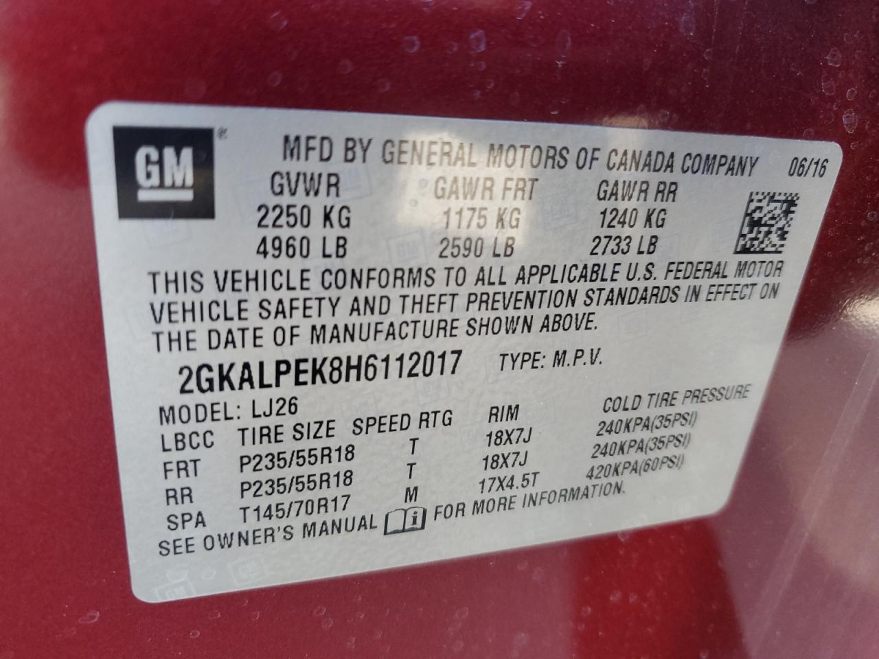 2017 GMC Terrain Slt VIN: 2GKALPEK8H6112017 Lot: 93532185