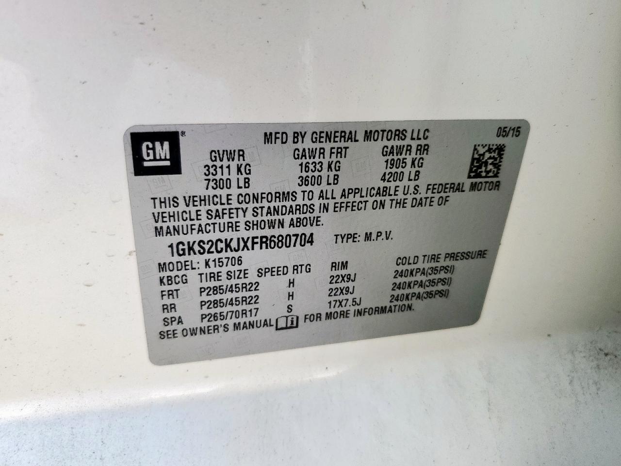 2015 GMC Yukon Denali VIN: 1GKS2CKJXFR680704 Lot: 91987165