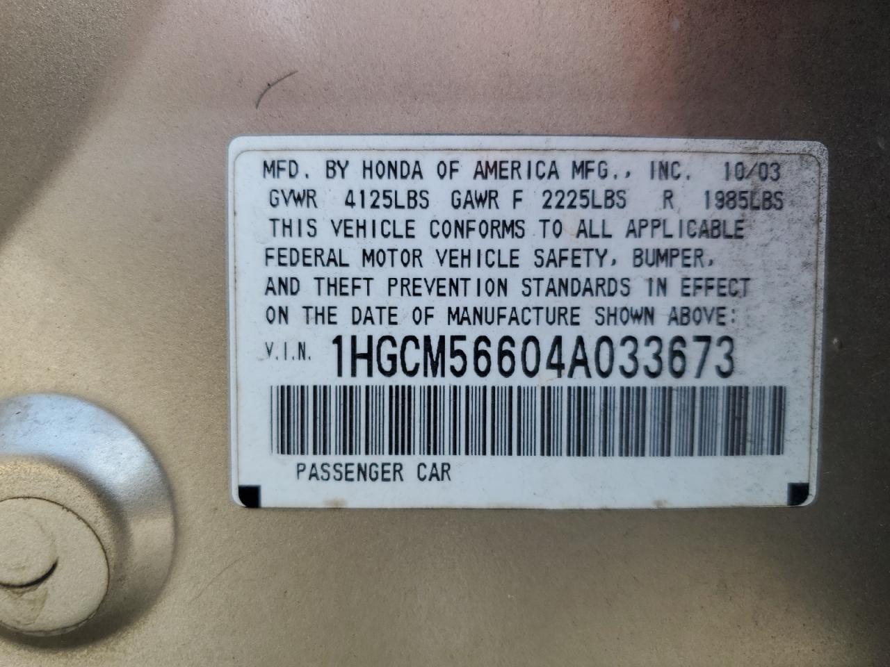 2004 Honda Accord Ex VIN: 1HGCM56604A033673 Lot: 93441765