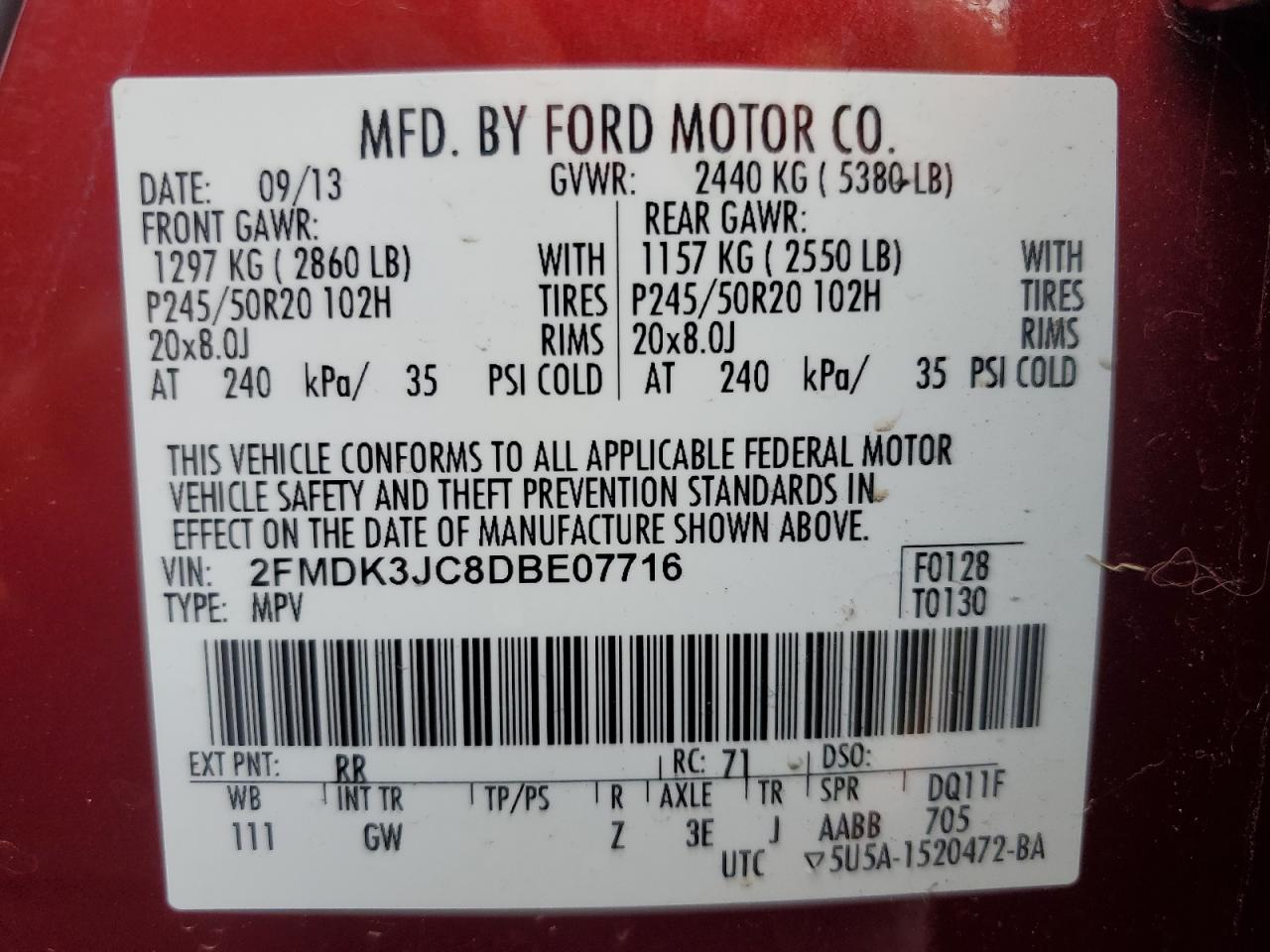 2013 Ford Edge Sel VIN: 2FMDK3JC8DBE07716 Lot: 93525185