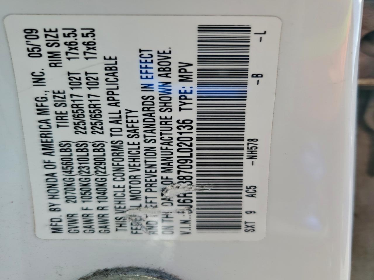 2009 Honda Cr-V Exl VIN: 5J6RE38709L020136 Lot: 91666025