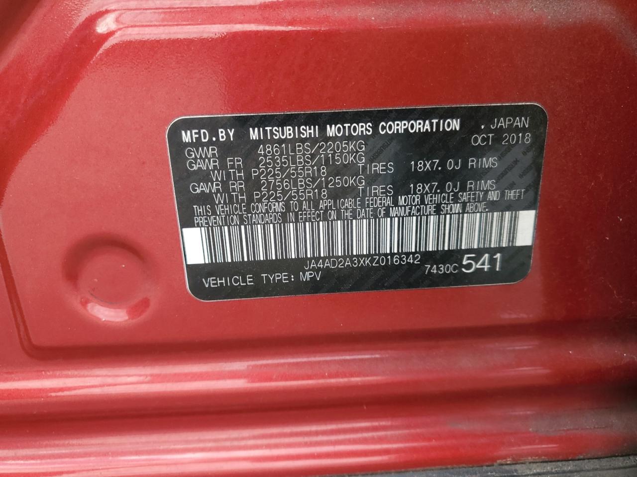 2019 Mitsubishi Outlander Es VIN: JA4AD2A3XKZ016342 Lot: 91780945