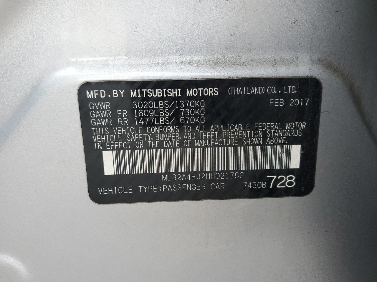 2017 Mitsubishi Mirage Se VIN: ML32A4HJ2HH021782 Lot: 93426395