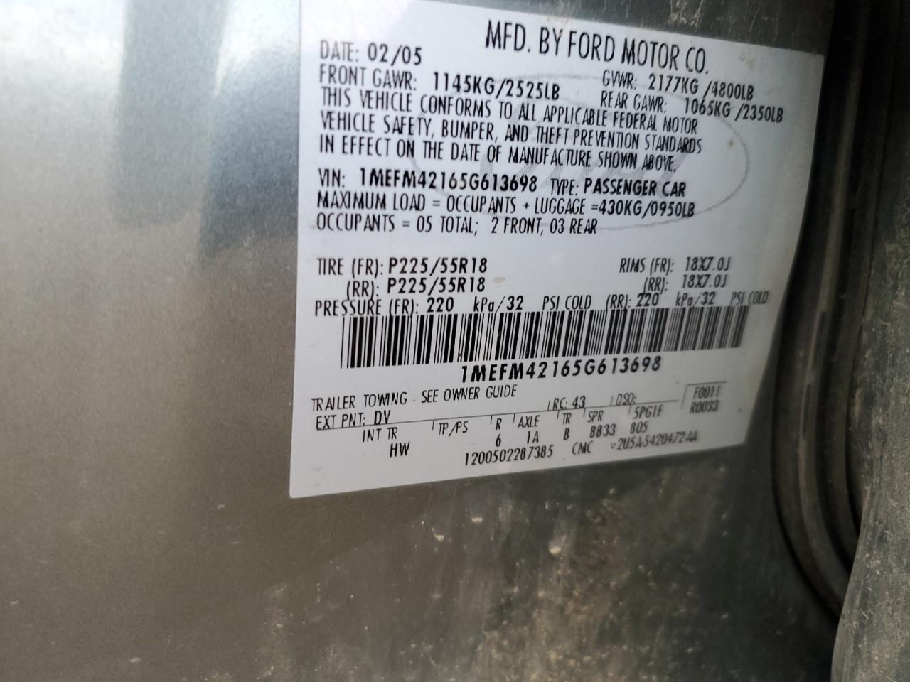 2005 Mercury Montego Premier VIN: 1MEFM42165G613698 Lot: 90355215