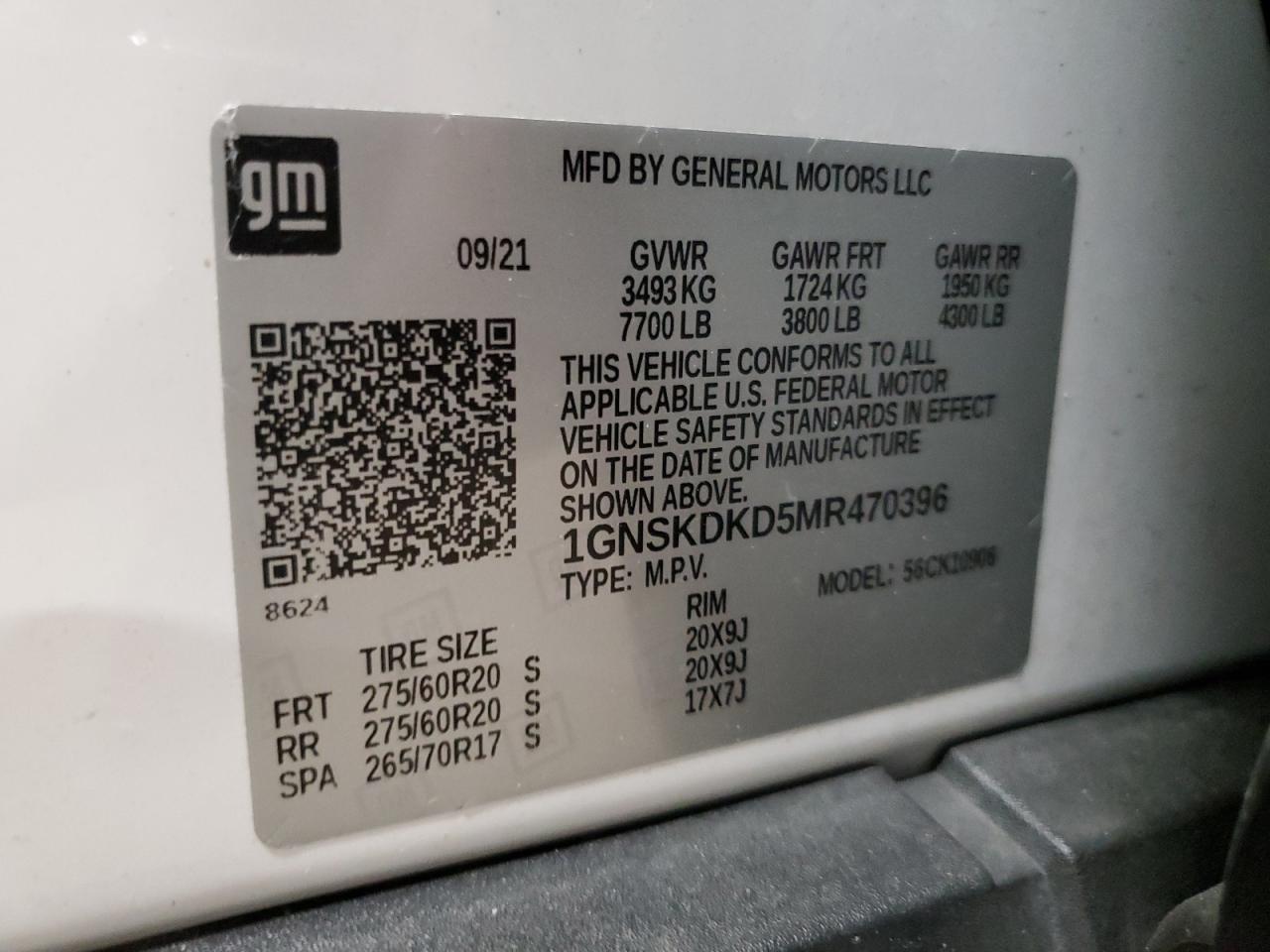 2021 Chevrolet Suburban K1500 Z71 VIN: 1GNSKDKD5MR470396 Lot: 92250165