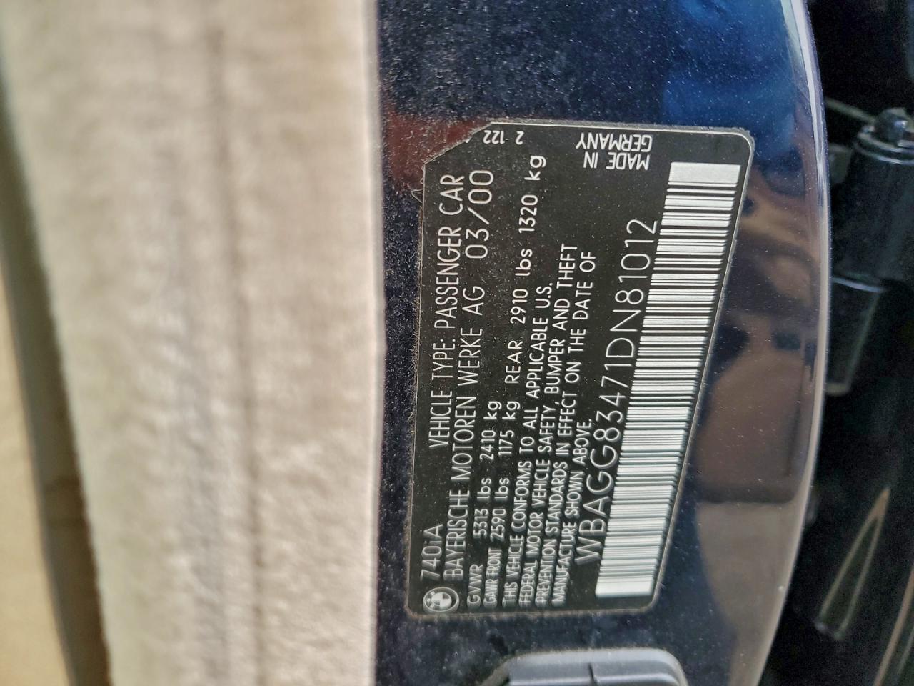 2001 BMW 740 I Automatic VIN: WBAGG83471DN81012 Lot: 93045665