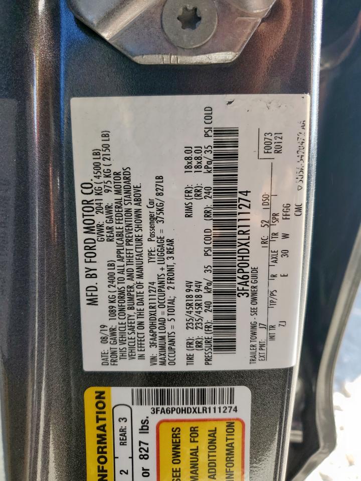 2020 Ford Fusion Se VIN: 3FA6P0HDXLR111274 Lot: 91467395