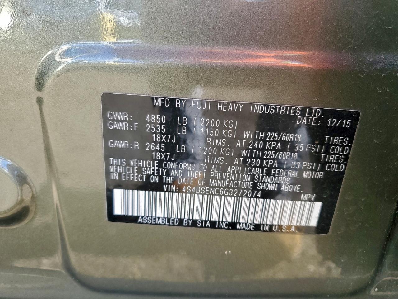 2016 Subaru Outback 3.6R Limited VIN: 4S4BSENC6G3272074 Lot: 94045095