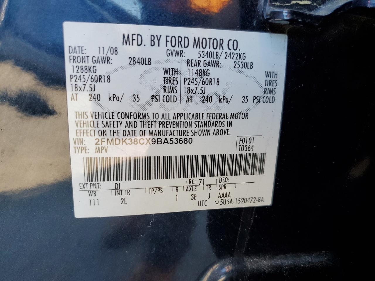 2009 Ford Edge Sel VIN: 2FMDK38CX9BA53680 Lot: 92131755