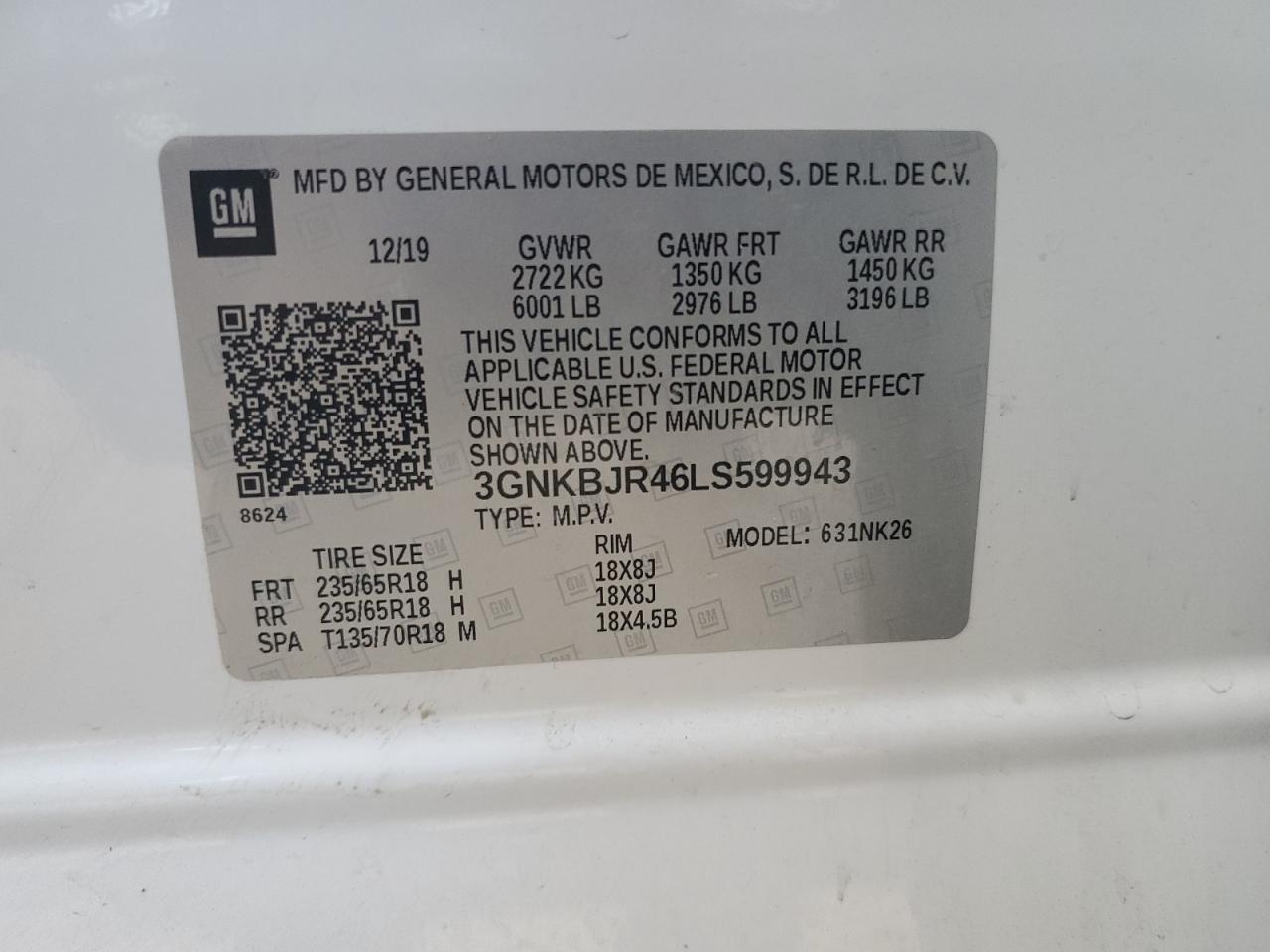 2020 Chevrolet Blazer 3Lt VIN: 3GNKBJR46LS599943 Lot: 92654315