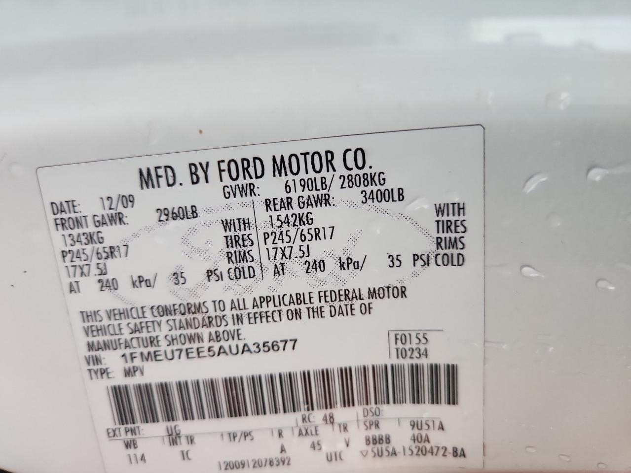 2010 Ford Explorer Eddie Bauer VIN: 1FMEU7EE5AUA35677 Lot: 92729655