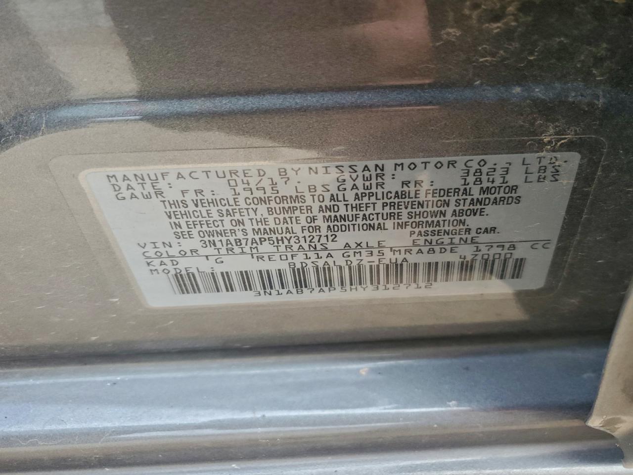 2017 Nissan Sentra S VIN: 3N1AB7AP5HY312712 Lot: 94502875