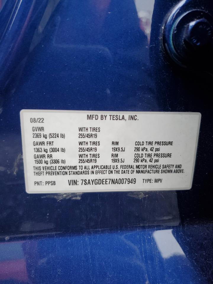 2022 Tesla Model Y VIN: 7SAYGDEE7NA007949 Lot: 93694265