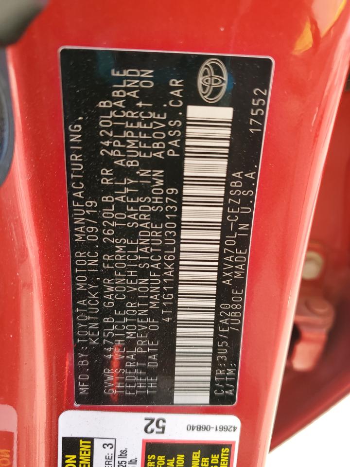 2020 Toyota Camry Se VIN: 4T1G11AK6LU301379 Lot: 93408545