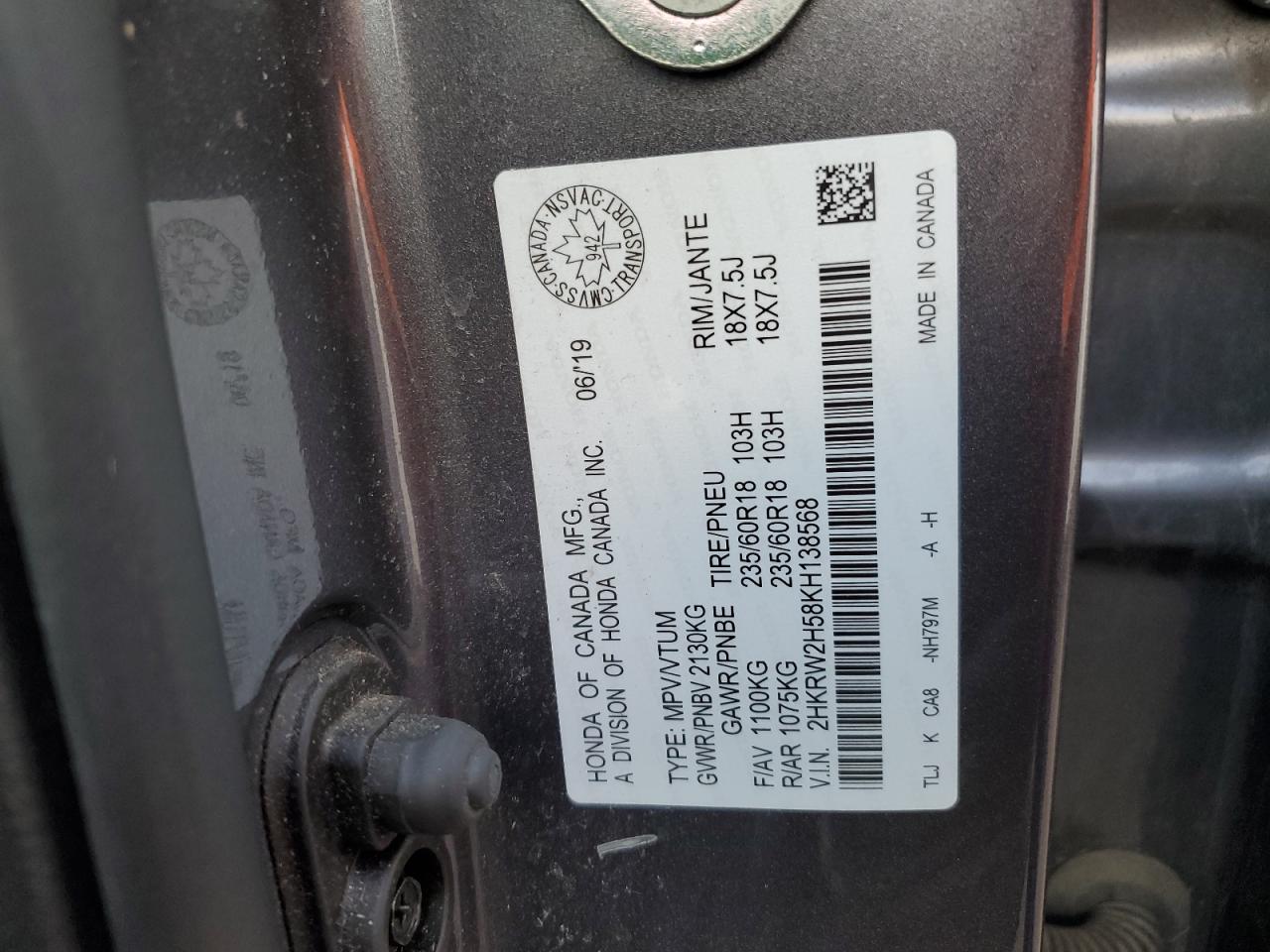 2019 Honda Cr-V Ex VIN: 2HKRW2H58KH138568 Lot: 92169225