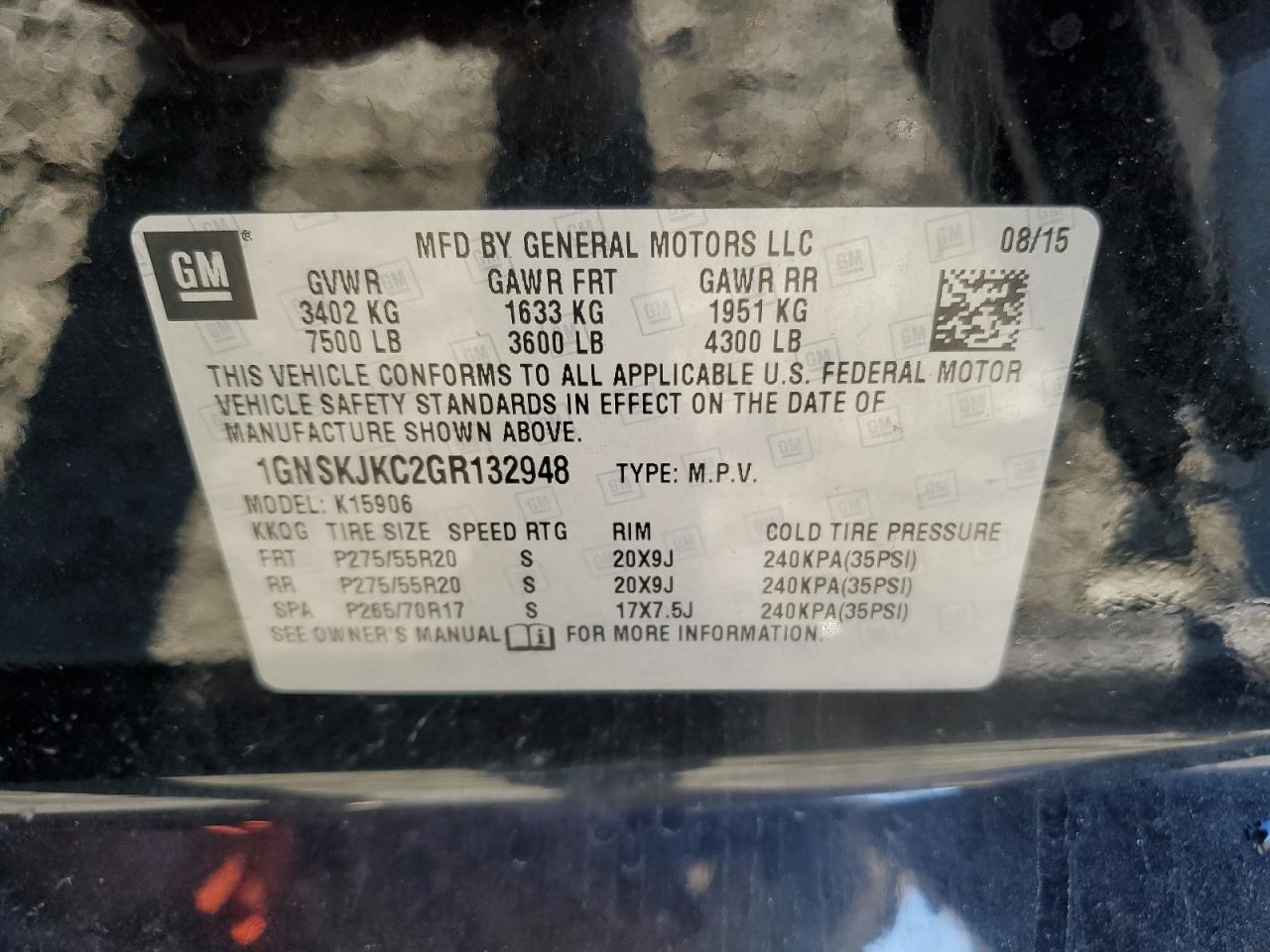 2016 Chevrolet Suburban K1500 Ltz VIN: 1GNSKJKC2GR132948 Lot: 91059815