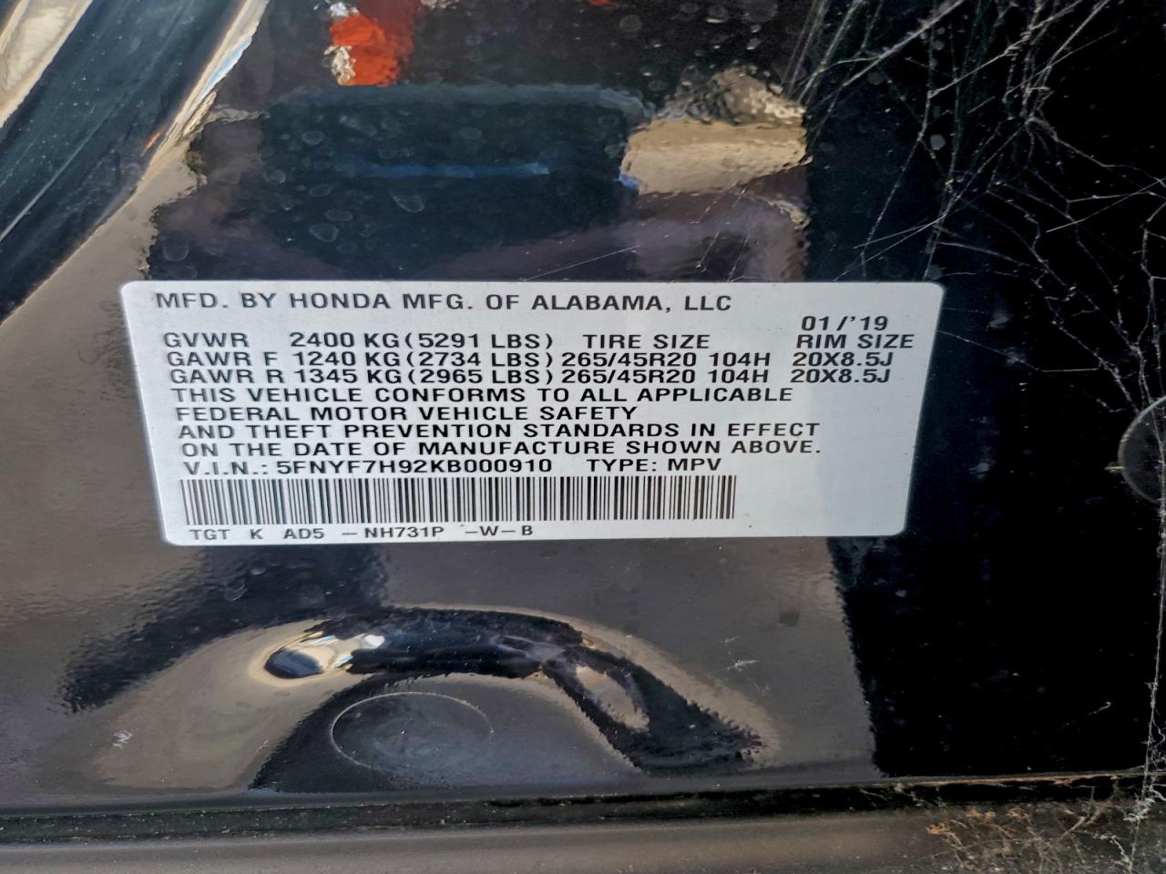 2019 Honda Passport Touring VIN: 5FNYF7H92KB000910 Lot: 94382155