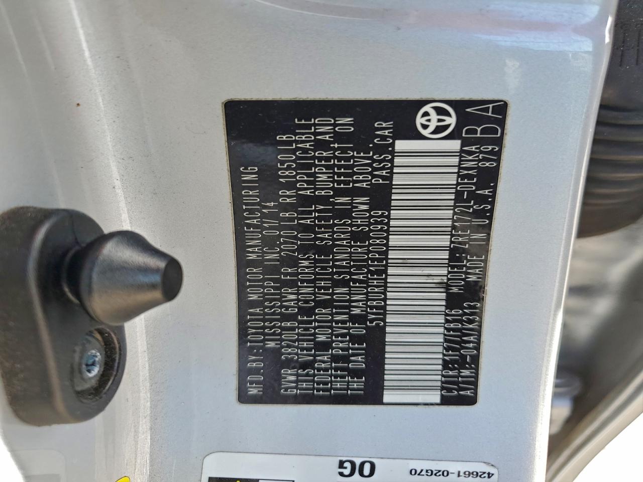 2014 Toyota Corolla L VIN: 5YFBURHE1EP080939 Lot: 93992625