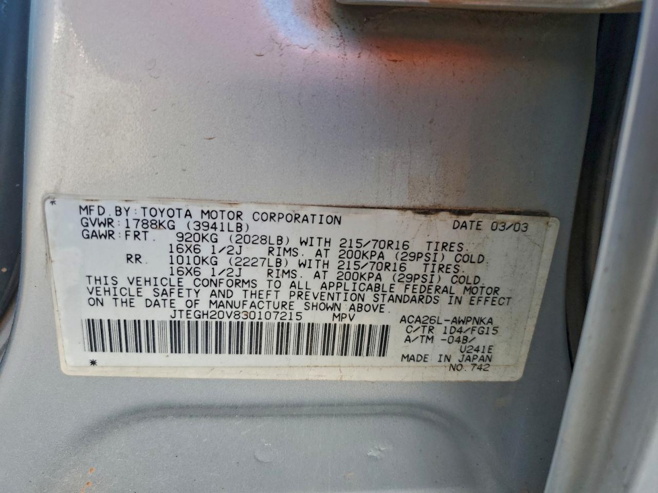 2003 Toyota Rav4 VIN: JTEGH20V830107215 Lot: 94493765