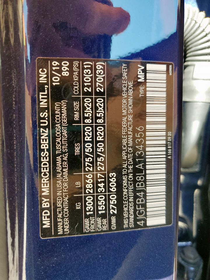 2020 Mercedes-Benz Gle 350 VIN: 4JGFB4JB8LA134356 Lot: 91824425