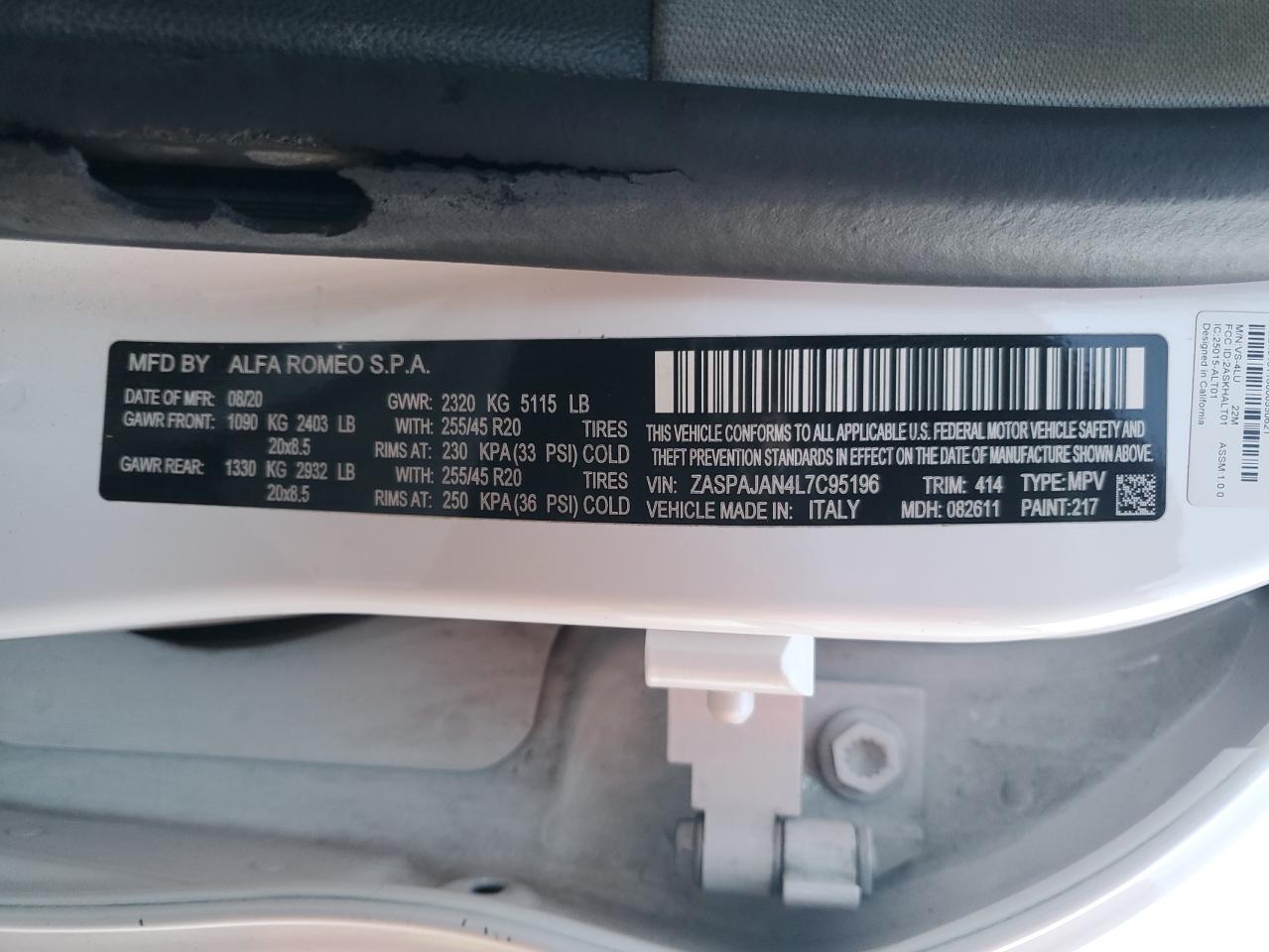 2020 Alfa Romeo Stelvio VIN: ZASPAJAN4L7C95196 Lot: 91426155