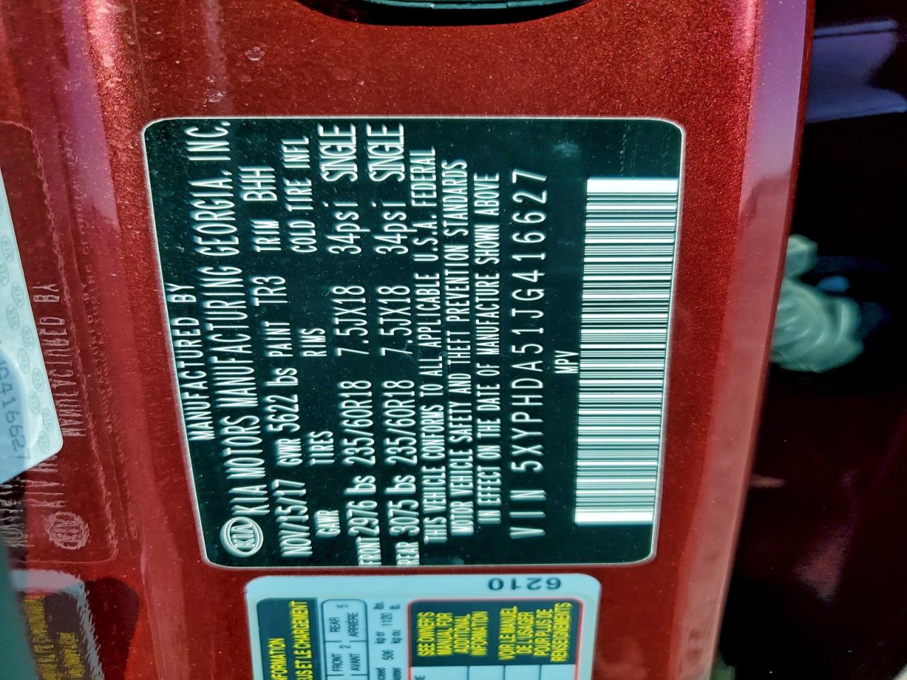 2018 Kia Sorento Ex VIN: 5XYPHDA51JG416627 Lot: 93746255