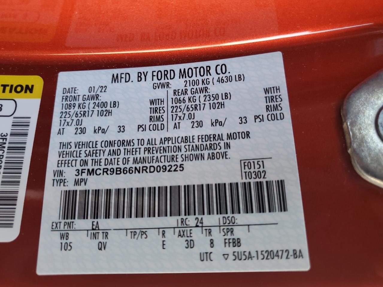 2022 Ford Bronco Sport Big Bend VIN: 3FMCR9B66NRD09225 Lot: 90313455