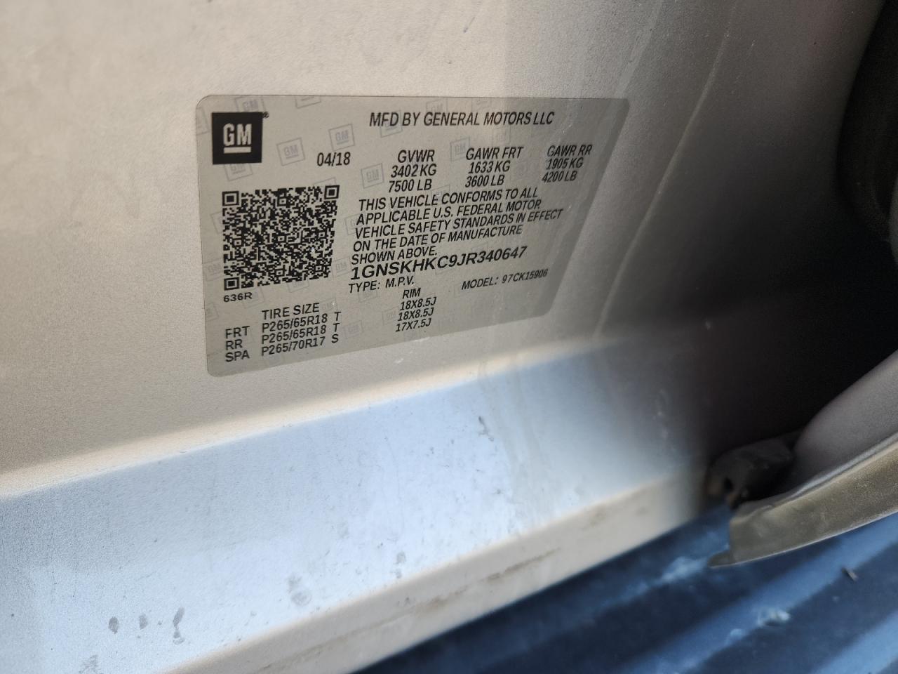 2018 Chevrolet Suburban K1500 Lt VIN: 1GNSKHKC9JR340647 Lot: 90474125