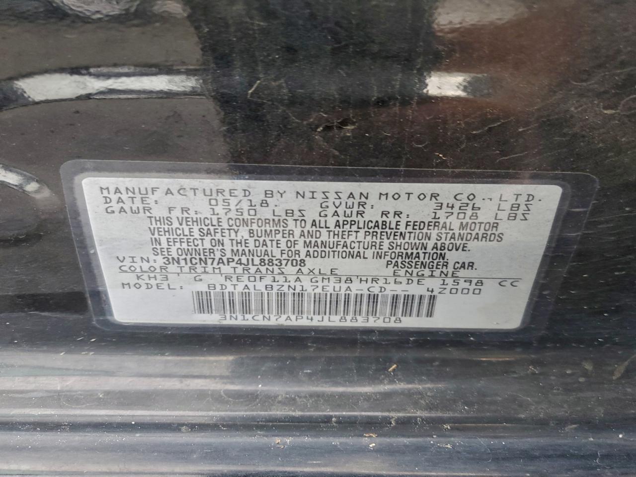 2018 Nissan Versa S VIN: 3N1CN7AP4JL883708 Lot: 93384195