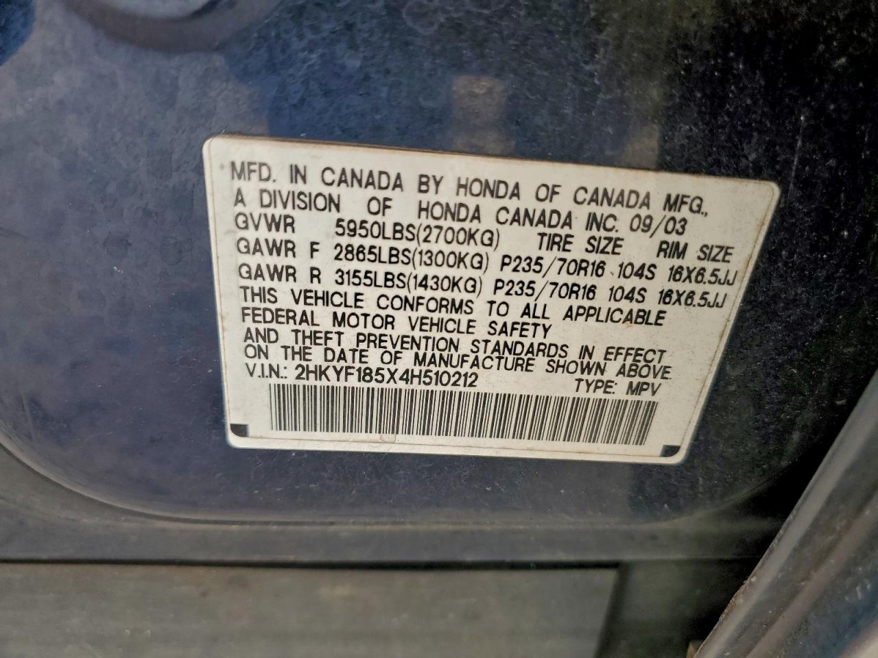 2004 Honda Pilot Exl VIN: 2HKYF185X4H510212 Lot: 94144505