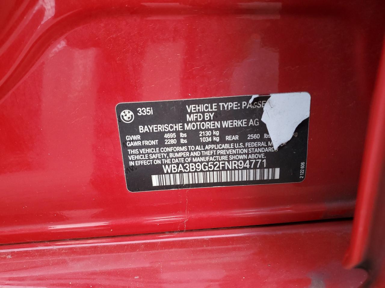 2015 BMW 335 Xi VIN: WBA3B9G52FNR94771 Lot: 93979685