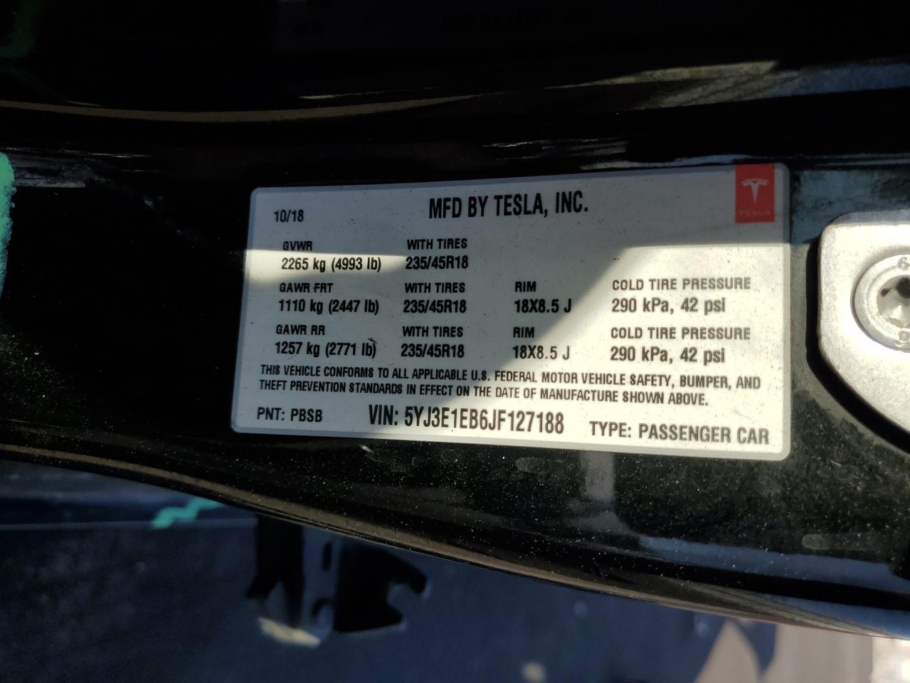 2018 Tesla Model 3 VIN: 5YJ3E1EB6JF127188 Lot: 91791955