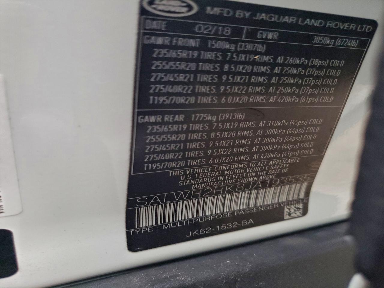 2018 Land Rover Range Rover Sport Hse VIN: SALWR2RK8JA193535 Lot: 93223505