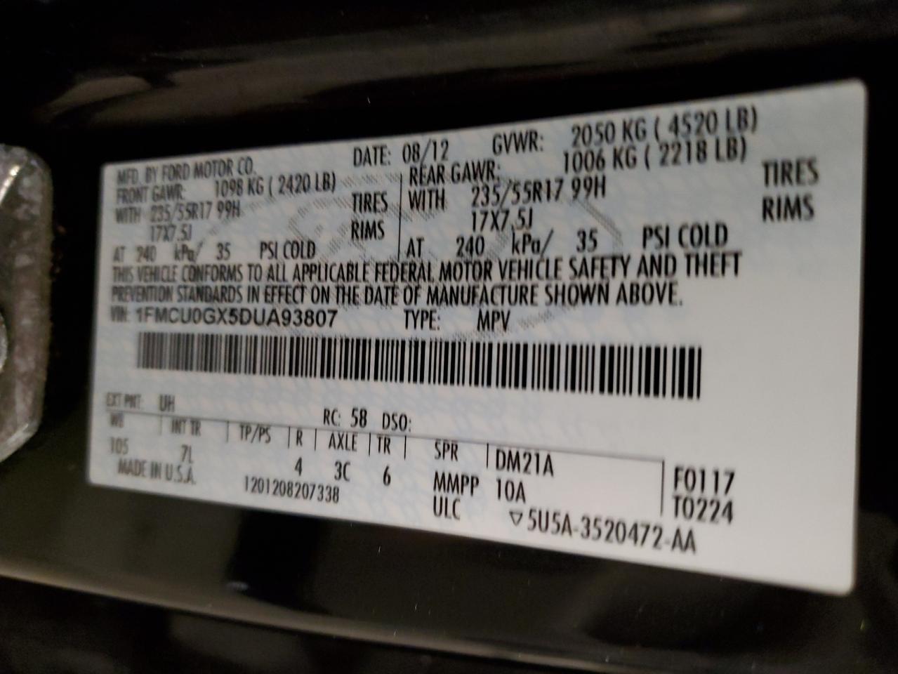 2013 Ford Escape Se VIN: 1FMCU0GX5DUA93807 Lot: 91721735