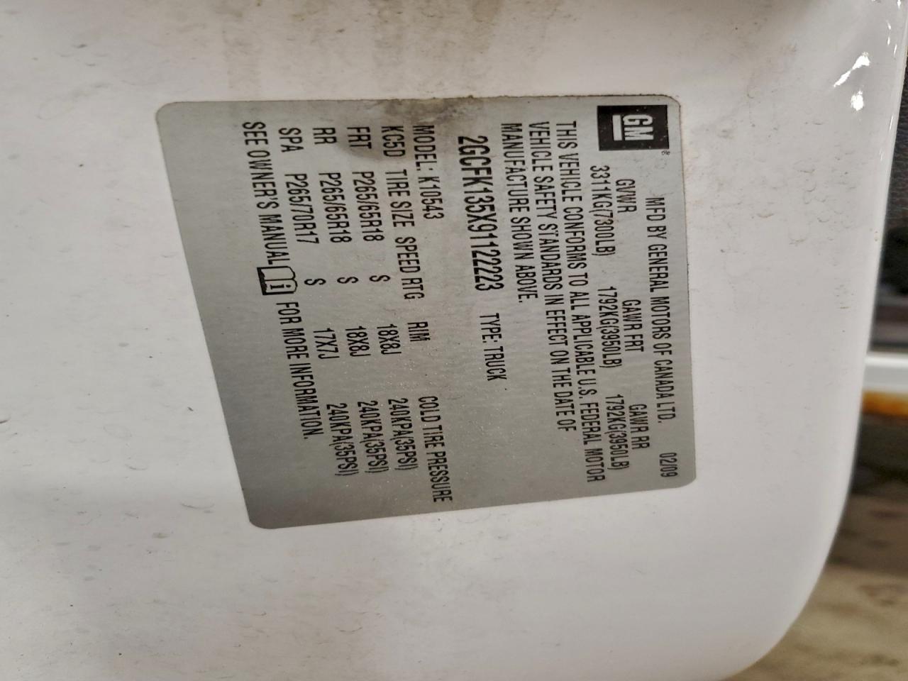 2009 Chevrolet Silverado K1500 Hybrid VIN: 2GCFK135X91122223 Lot: 93850485