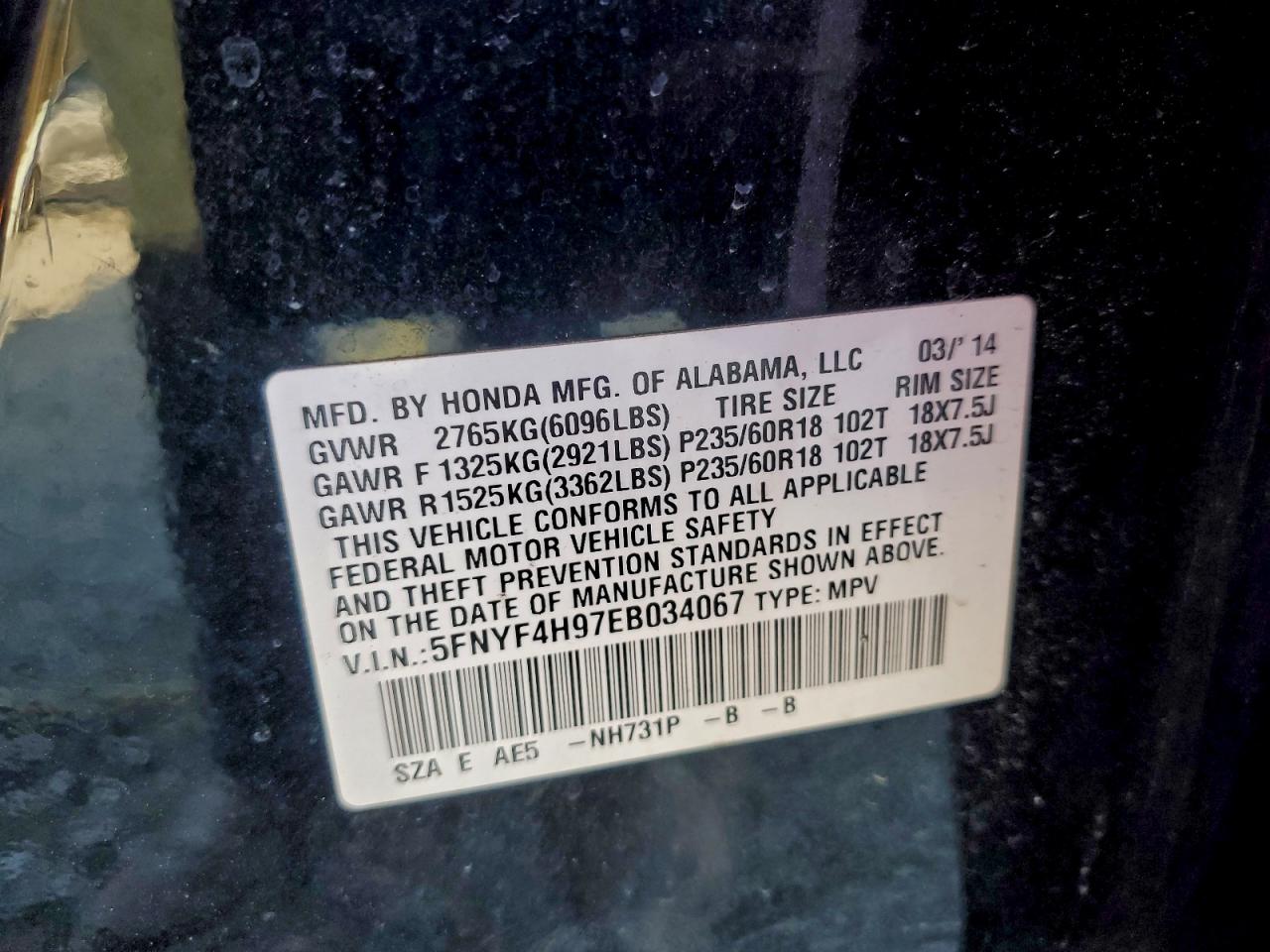 2014 Honda Pilot Touring VIN: 5FNYF4H97EB034067 Lot: 92451655