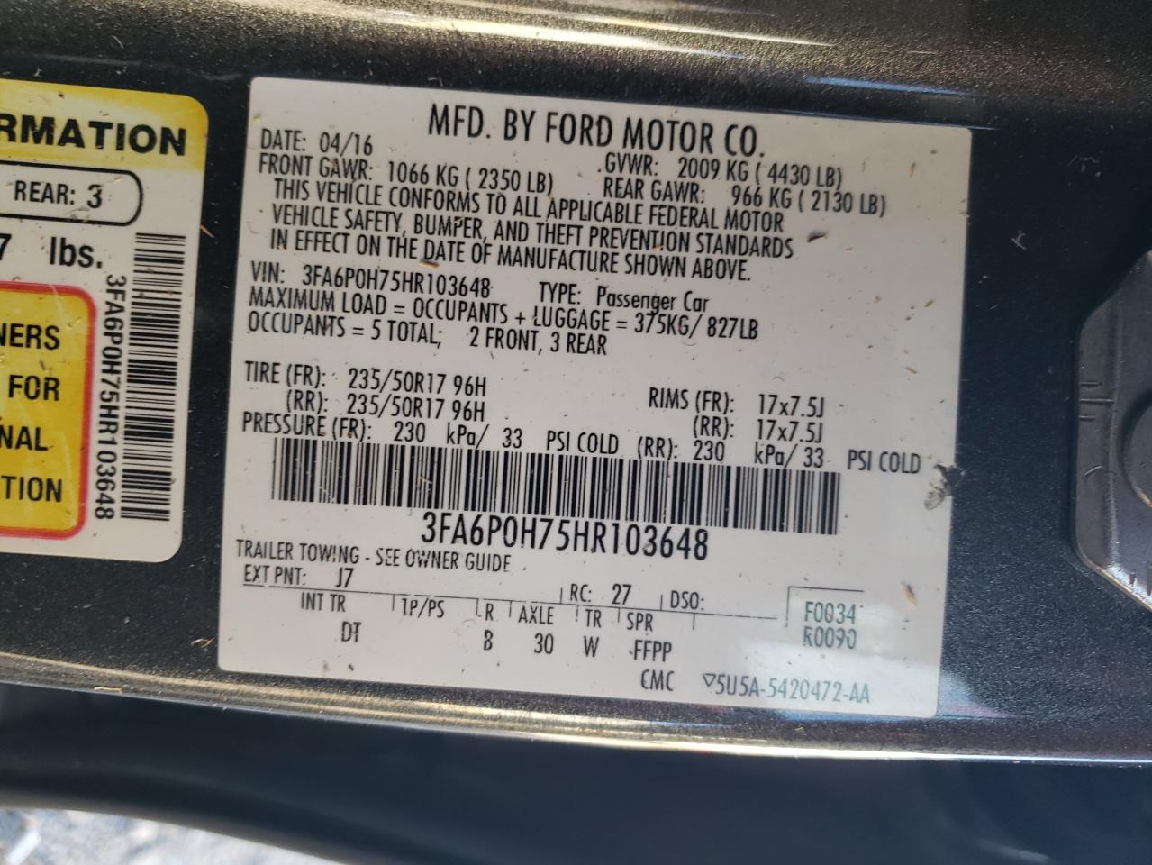 2017 Ford Fusion Se VIN: 3FA6P0H75HR103648 Lot: 92655625