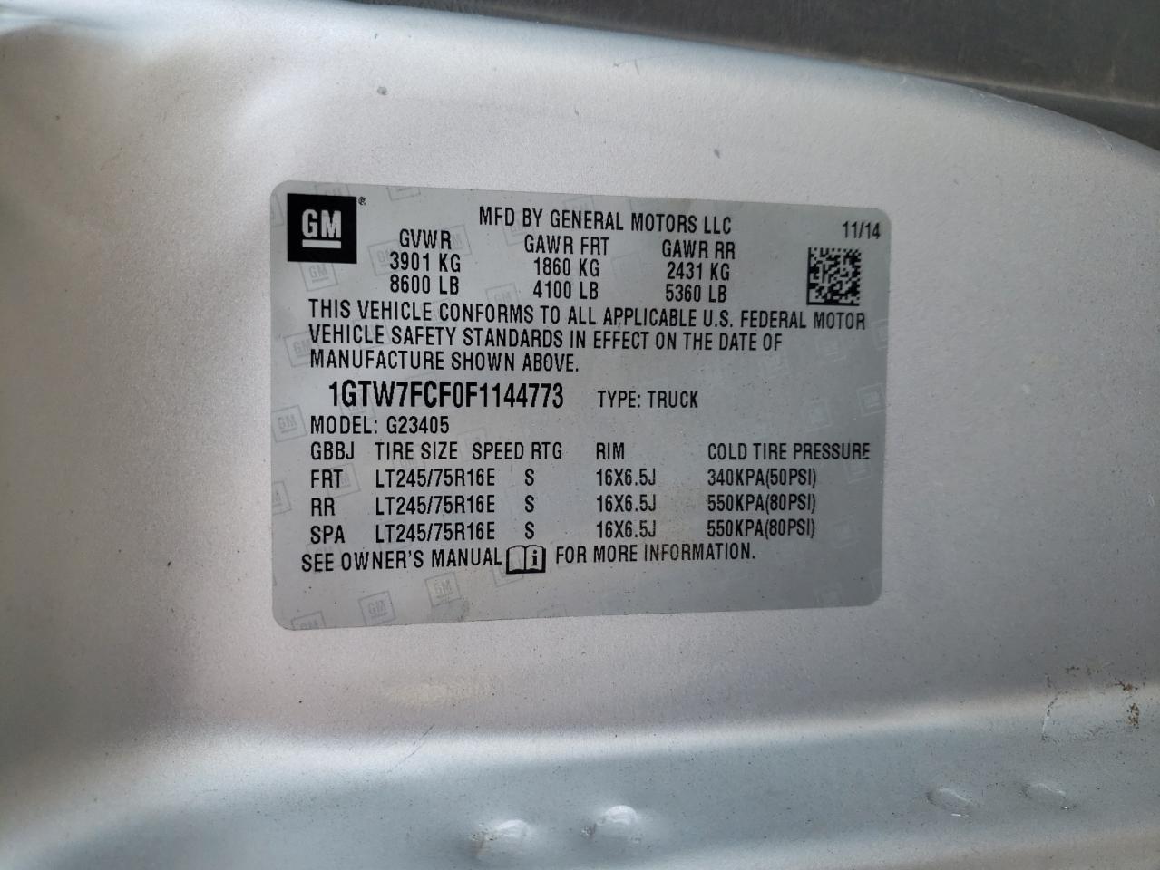 2015 GMC Savana 2500 Delivery Van VIN: 1GTW7FCF0F1144773 Lot: 92237895