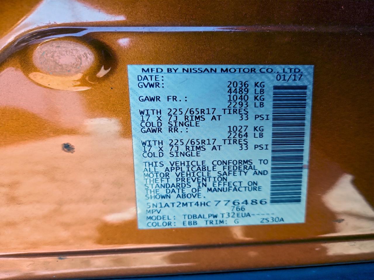 2017 Nissan Rogue S VIN: 5N1AT2MT4HC776486 Lot: 94324915