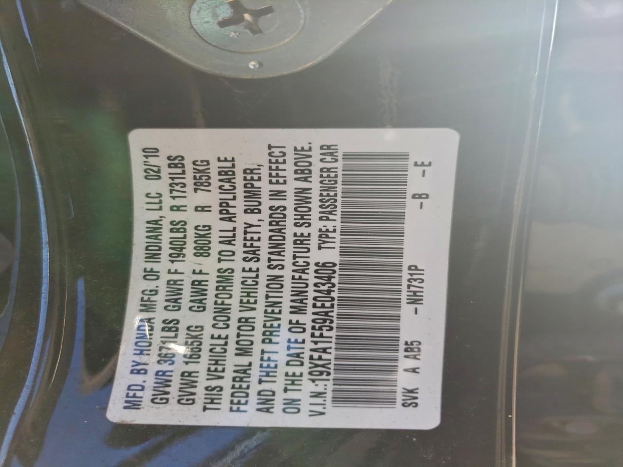 2010 Honda Civic Lx VIN: 19XFA1F59AE043406 Lot: 94360805