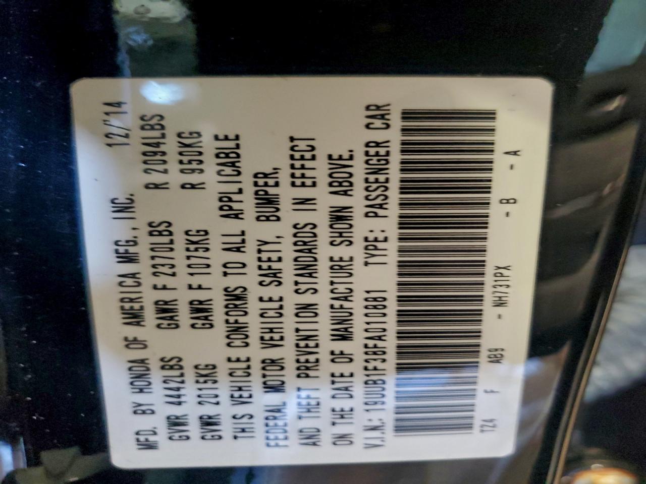 2015 Acura Tlx VIN: 19UUB1F38FA010881 Lot: 94547755