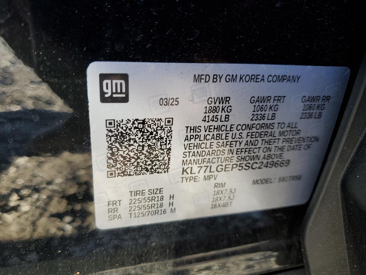 2025 Chevrolet Trax 1Rs VIN: KL77LGEP5SC249669 Lot: 92527005