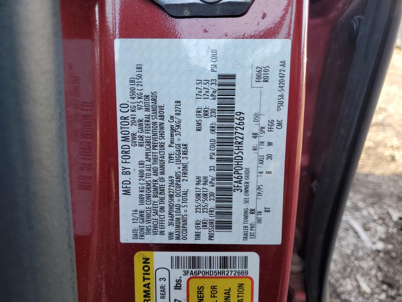 2017 Ford Fusion Se VIN: 3FA6P0HD5HR272669 Lot: 92448645