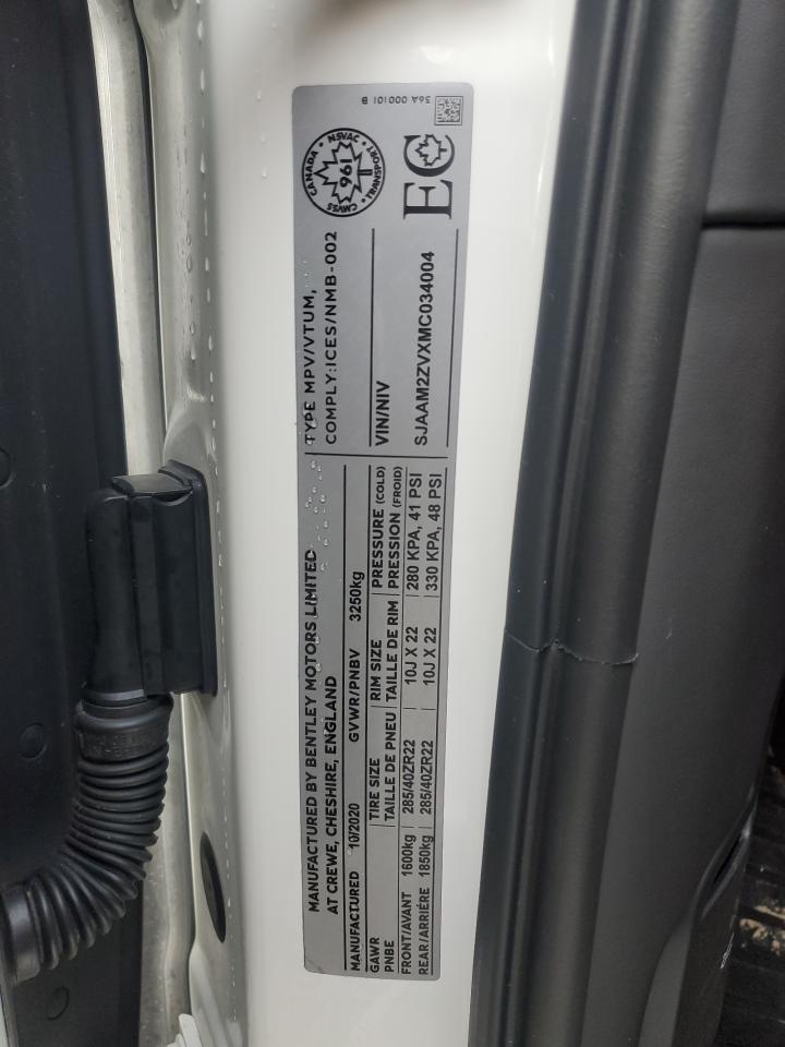 2021 Bentley Bentayga VIN: SJAAM2ZVXMC034004 Lot: 91357085