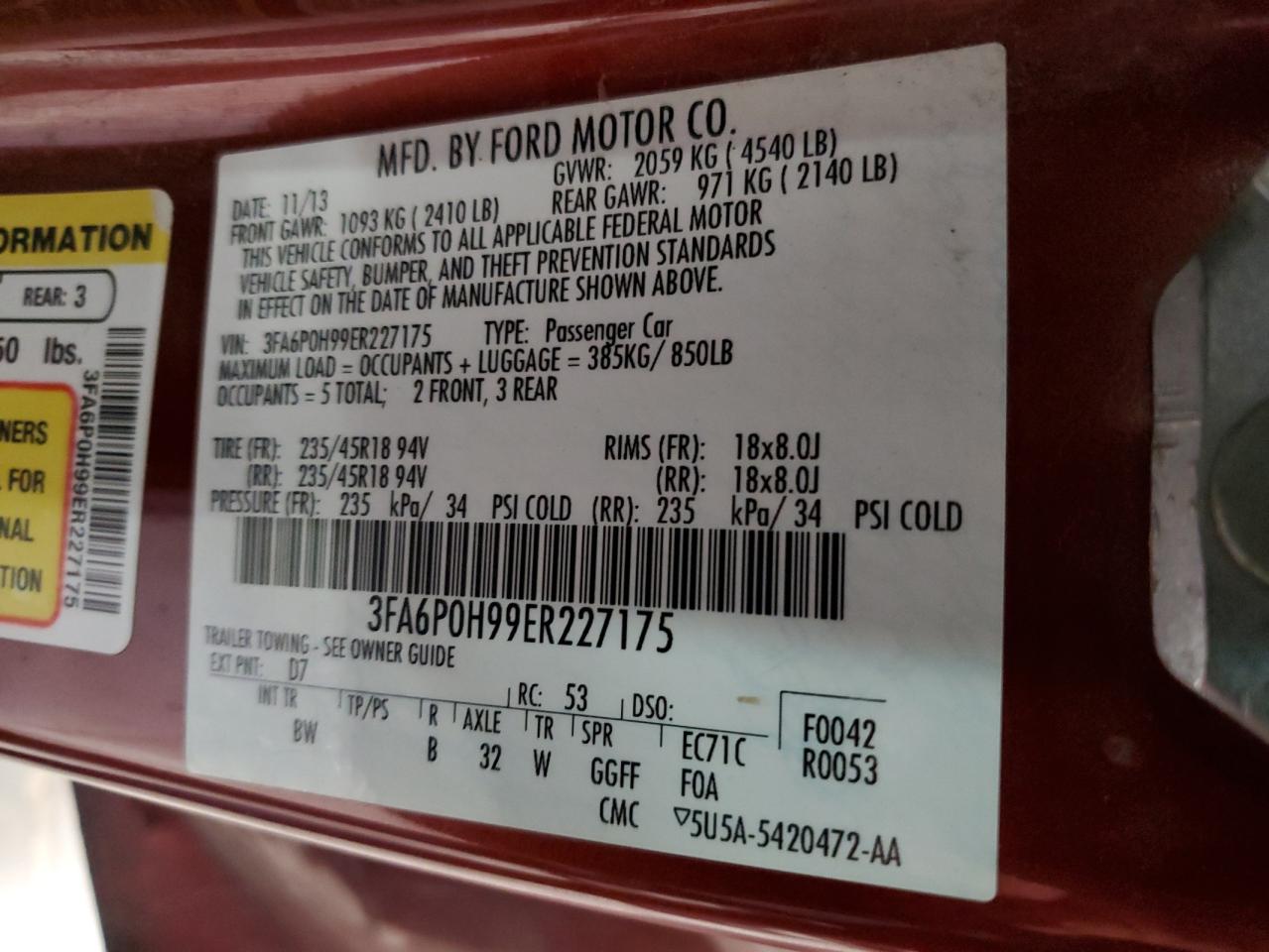 2014 Ford Fusion Se VIN: 3FA6P0H99ER227175 Lot: 92702215